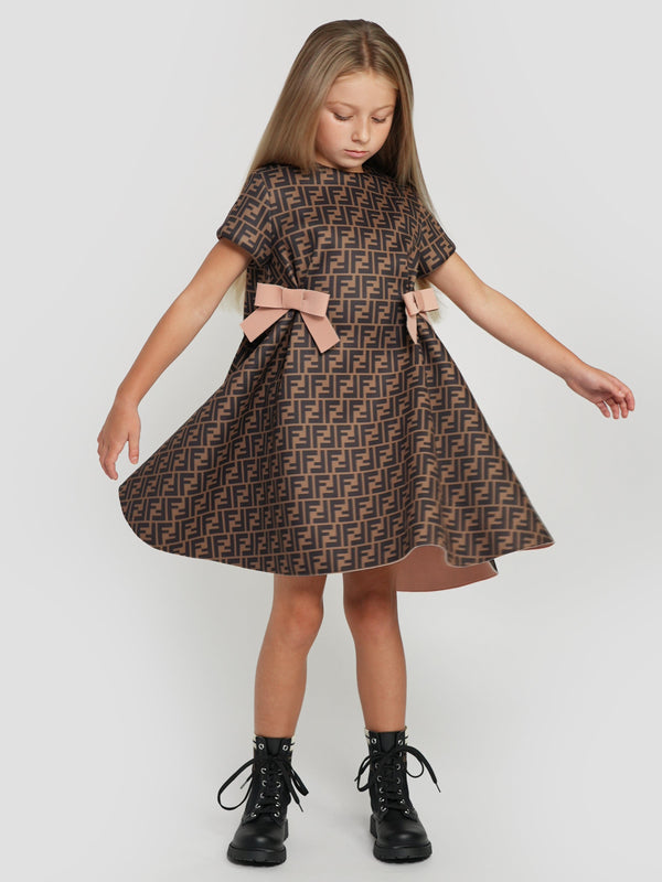 Fendi Girls Neoprene FF Logo Bow Dress