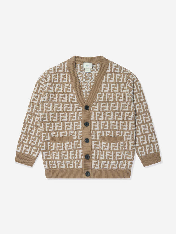 Fendi Kids Knitted FF Logo Cardigan in Beige