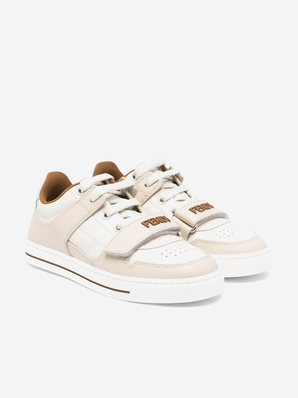 Fendi Kids Leather Logo Trainers in Beige