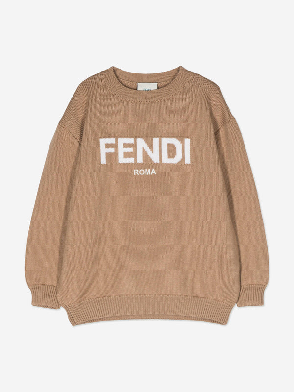 Fendi Kids Wool Knitted Logo Jumper in Brown