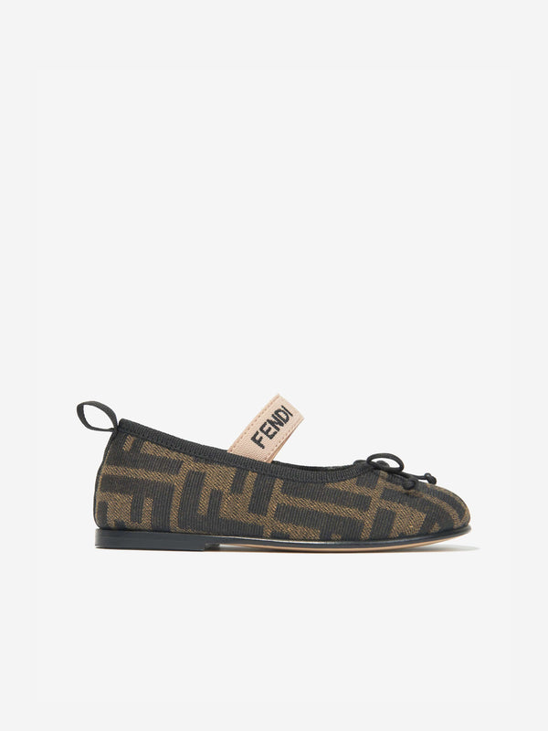 Fendi Girls FF Jacquard Ballerinas in Brown