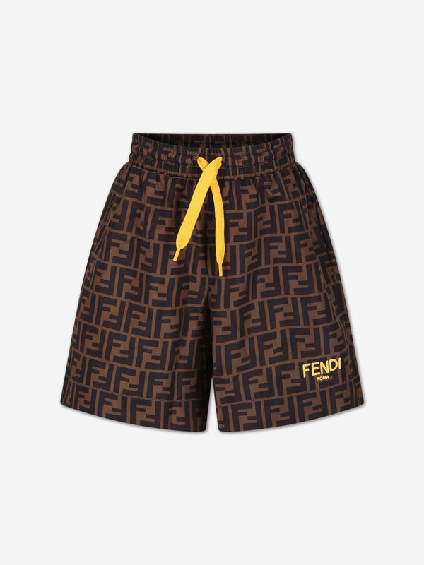 Fendi Boys FF Logo Swim Shorts in Brown