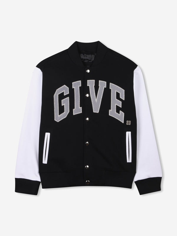 Boys Fleece Varsity Bomber Jacket in Black