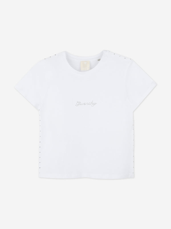 Girls Diamante Signature Logo T-Shirt in White