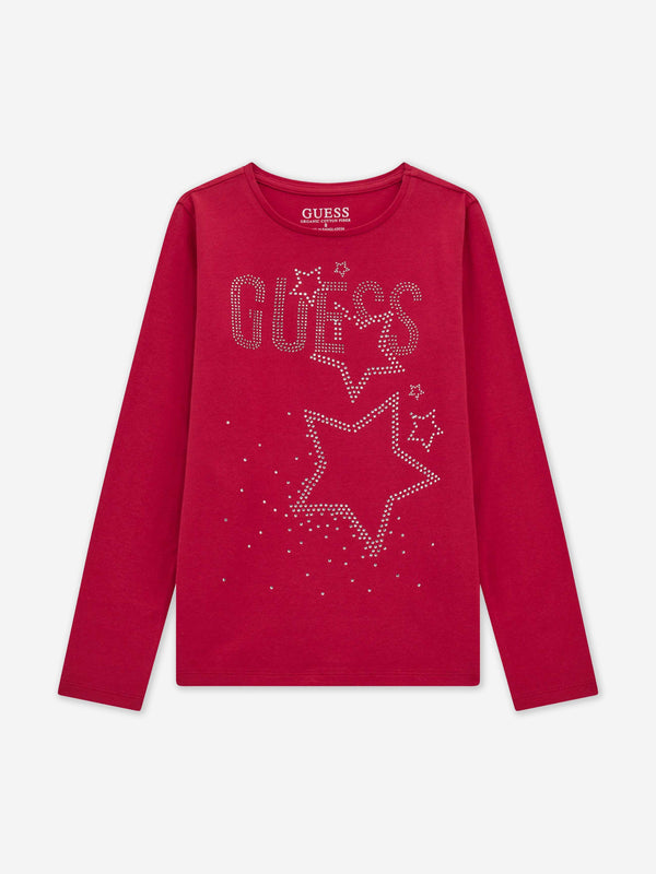 Guess Girls Long Sleeve Logo T-Shirt in Pink