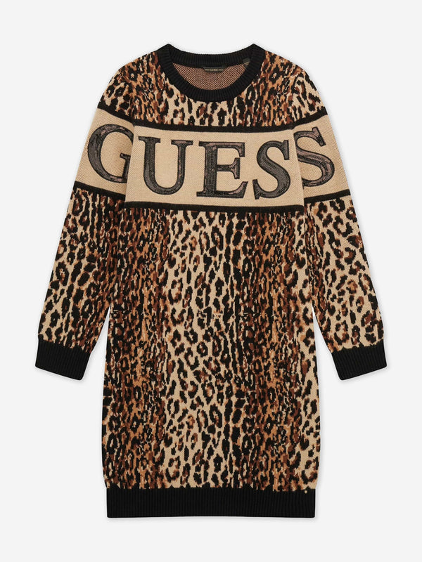 Guess Girls Leopard Print Sweater Dress in Brown