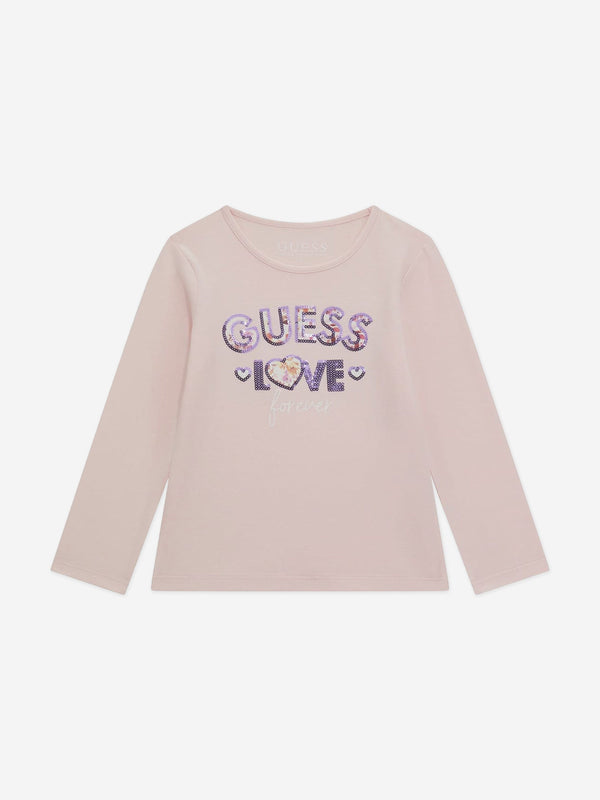 Guess Girls Long Sleeve Logo T-Shirt in Pink