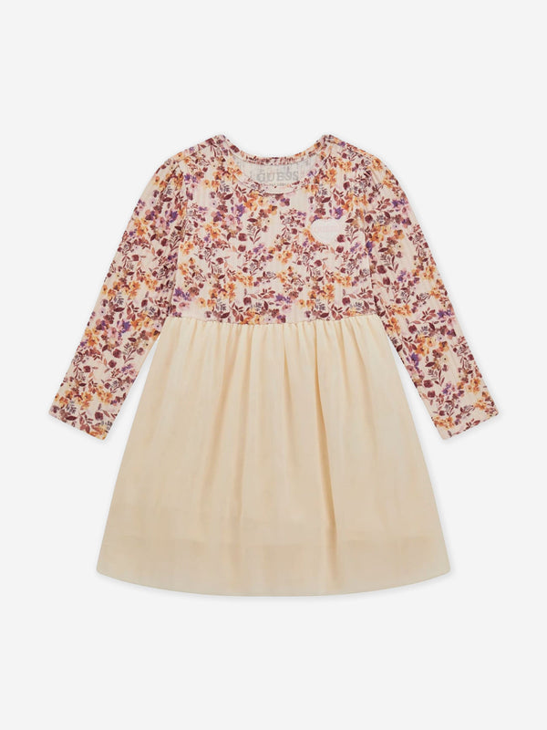 Guess Girls Mixed Fabric Floral Dress in Multicolour