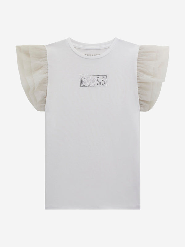 Girls Tulle Sleeve T-Shirt in White