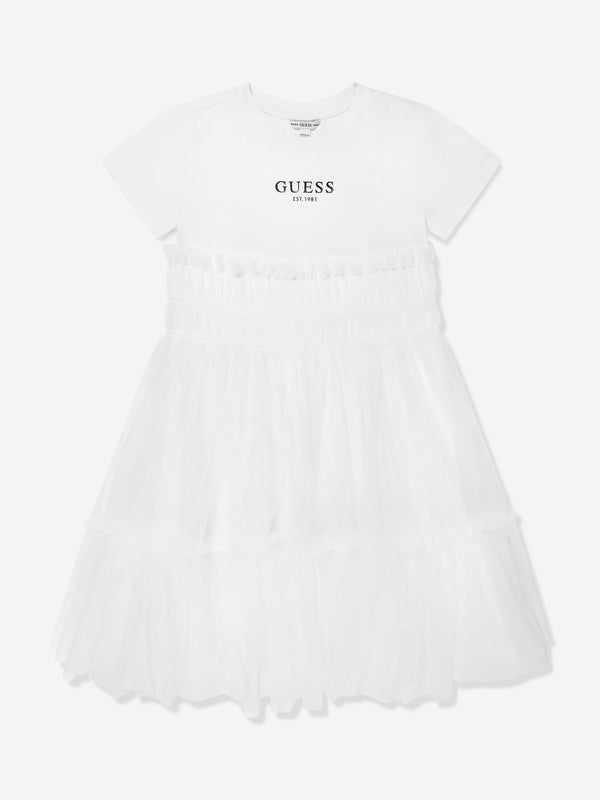 Girls Mixed Fabric Dress in White