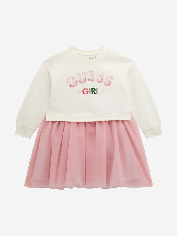 Girls Mixed Fabric Sweater Dress in White