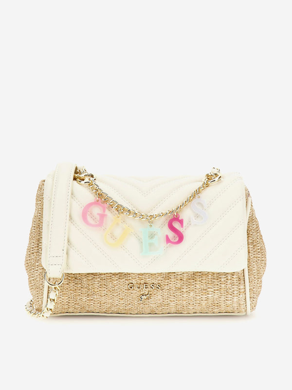 Girls Straw Crossbody Flap Bag in Ivory