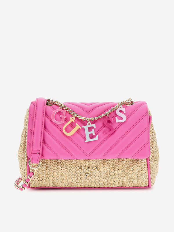 Girls Straw Crossbody Flap Bag in Pink