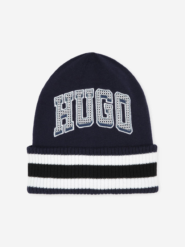 Hugo Boys Logo Beanie Hat in Blue