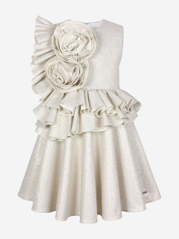 Girls In Bloom Ruffle Flower Dress in Gold