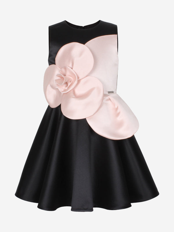 Girls From Bud To Bloom Satin Flower Dress in Black