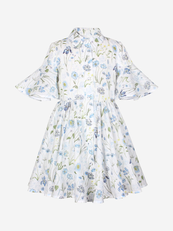 Jessie And James Girls Little Sister Blue Medaow Print Dress in White