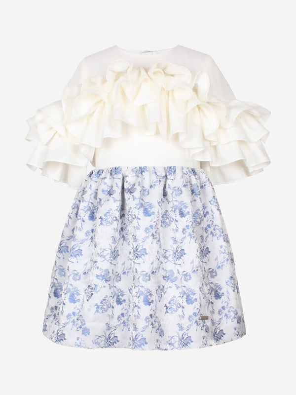 Girls Floral Jacquard Flutterby Ruffle Dress In Blue