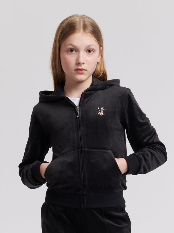 Juicy Couture Girls Diamante Logo Zip Up Top in Black