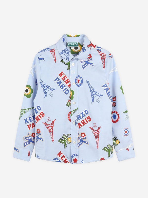 KENZO Boys Logo Print Oxford Shirt in Blue