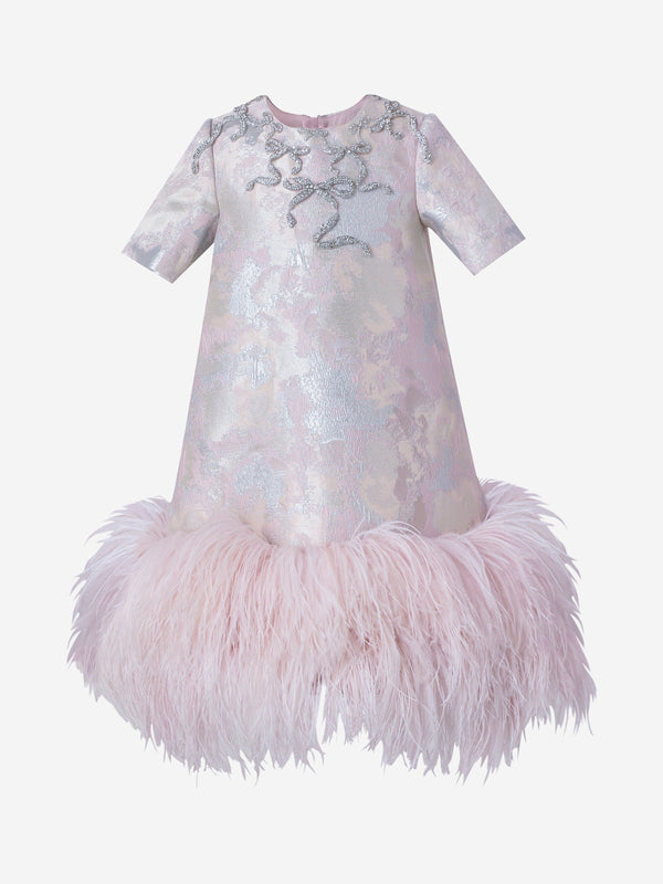 Maison Ava Girls Elodie Brocade Feather Trim Dress in Pink