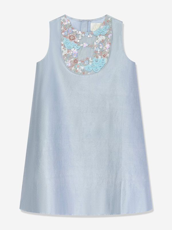 Maison Ava Girls Seraphine Satin Embellished Dress in Blue