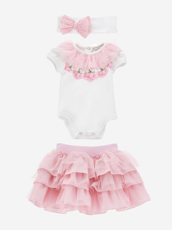 Monnalisa Baby Girls Rose Ruffle Skirt Set With Headband in Pink