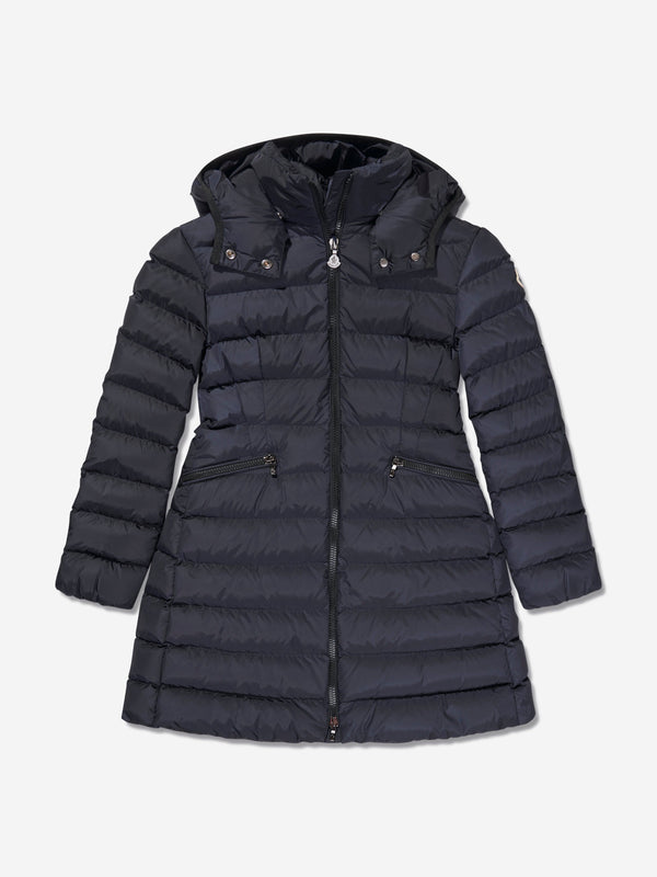 Moncler Enfant Girls Down Padded Charpal Long Coat in Navy