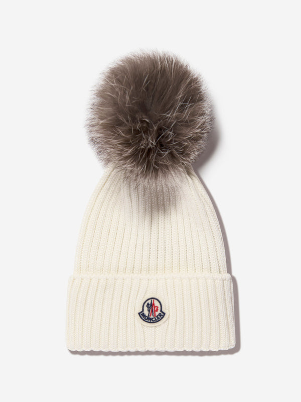 Moncler Enfant Girls Wool Pom Pom Hat in Ivory