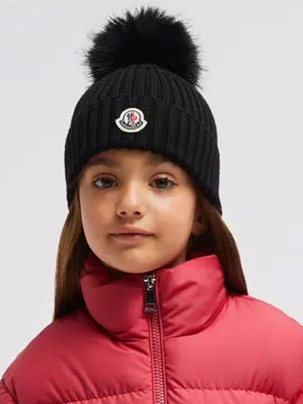 Moncler Enfant Girls Wool Pom Pom Hat in Black