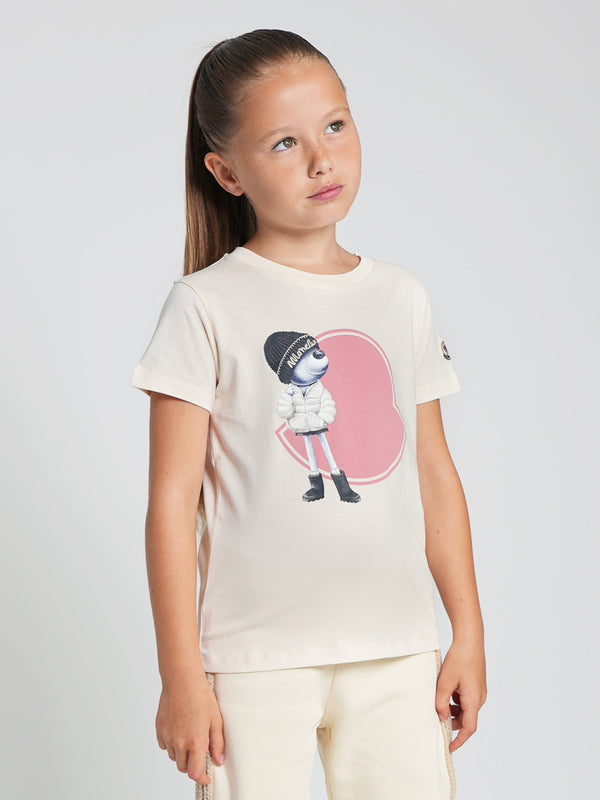 Moncler Enfant Girls Bear Motif Logo T-Shirt in Ivory