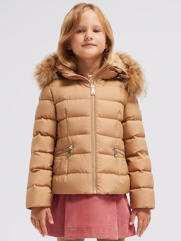 Moncler Enfant Girls Boedette Hooded Shearling Down Jacket in Beige