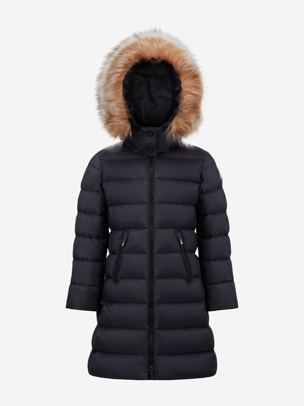 Moncler Enfant Girls Abelle Hooded Shearling Down Coat in Navy