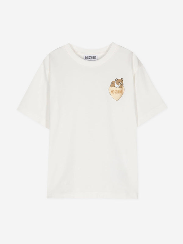 Moschino Girls Bear Heart Logo T-Shirt in Ivory