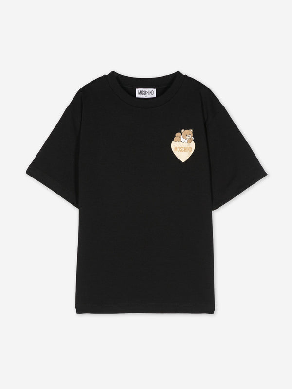 Moschino Girls Bear Heart Logo T-Shirt in Black