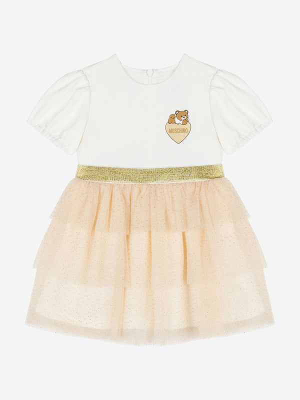 Moschino Baby Girls Bear Logo Ruffle Dress in Ivory