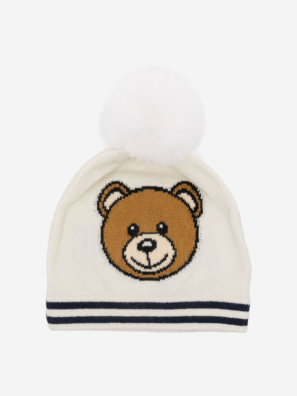 Moschino Baby Knitted Bear Bobble Hat in Ivory