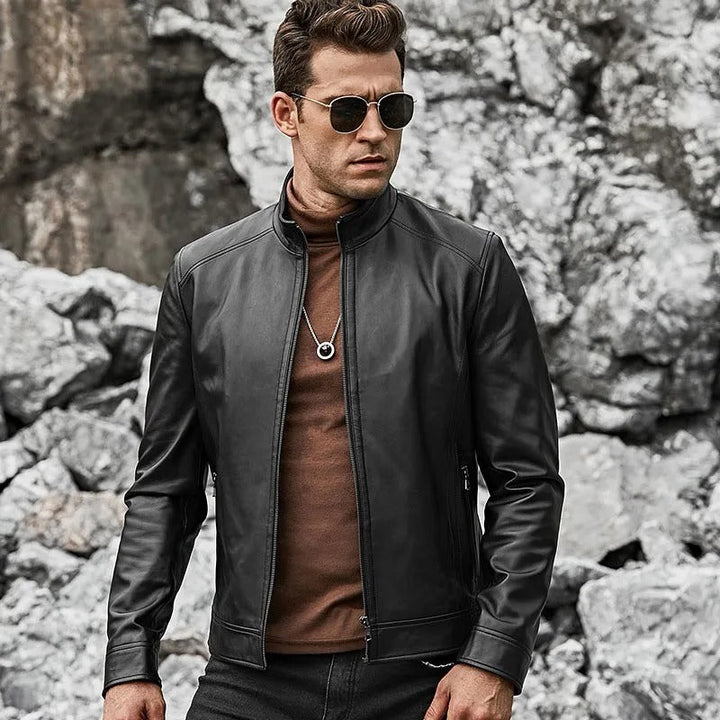 Men’s short collar leather jacket
