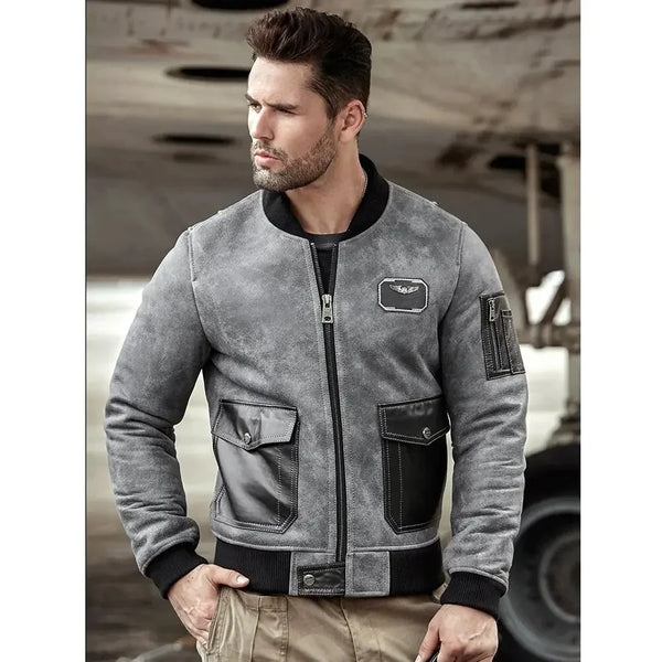 Men's grey shearling motorcycle jacket
