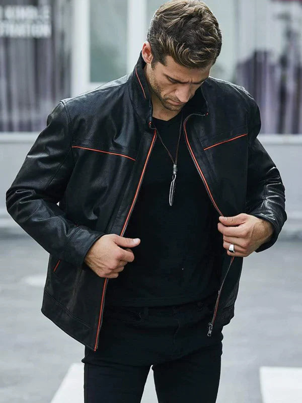 Black leather jacket sporty design
