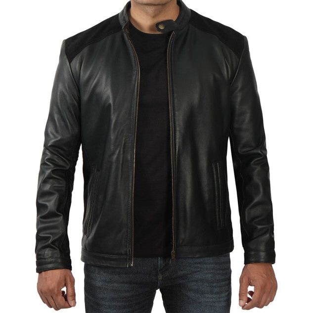 Black leather cafe racer jacket
