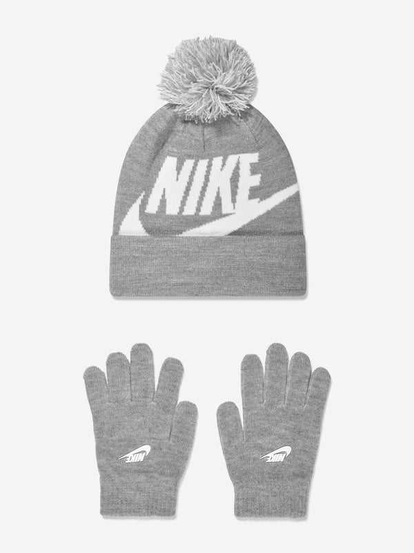 Nike Boys Swoosh Pom Beanie and Glove Set in Grey