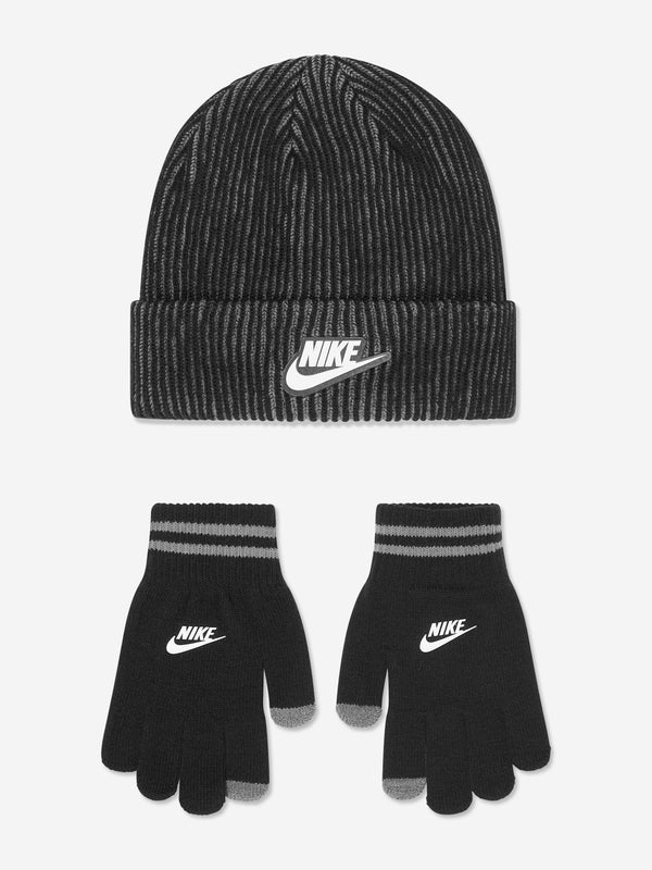 Kids Two Tone Rib Beanie and Glove Set in Black