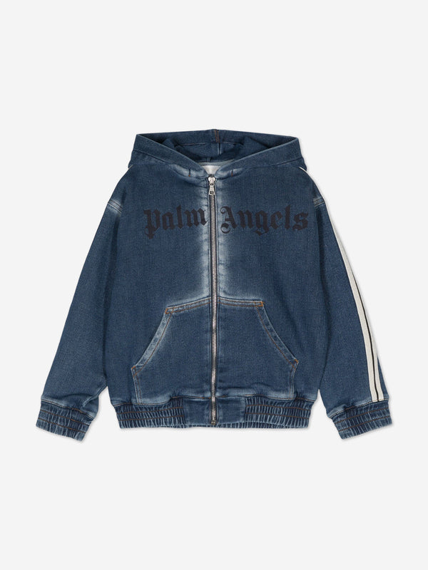 Kids Track Denim Fleece Zip Up Top in Blue