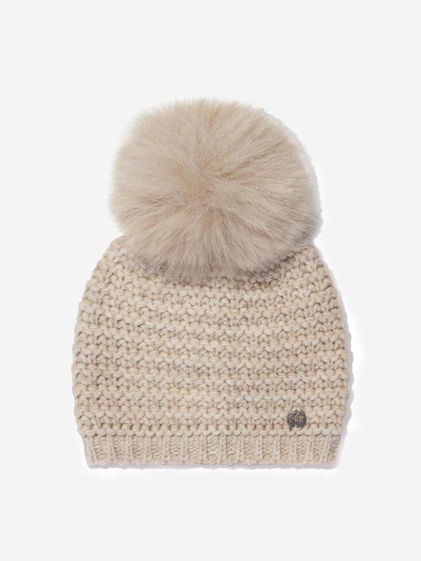 Paz Rodriguez Kids Knitted Pom Pom Hat in Beige