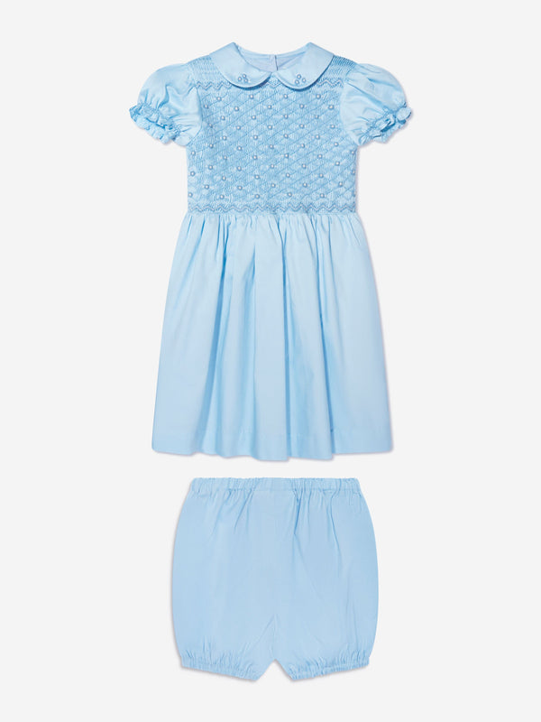 Rachel Riley Baby Girls Rose Smocked Dress And Bloomers in Blue