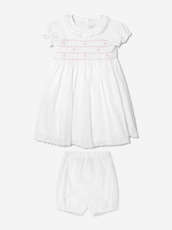 Rachel Riley Baby Girls Swiss Dot Smocked Dress And Bloomers in Ivory