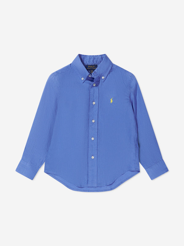 Ralph Lauren Boys Linen Logo Shirt in Blue