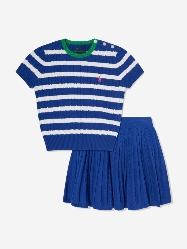 Girls Striped Cable Knit Top and Skirt Set in Blue