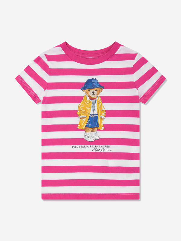 Girls Striped Polo Bear T-Shirt in Pink